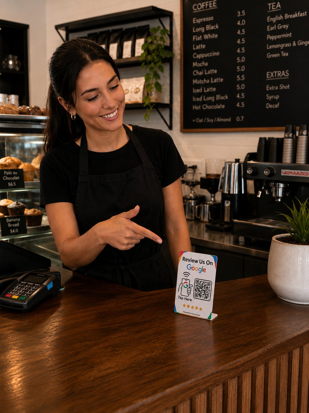 Barista pointing customers to the review stand