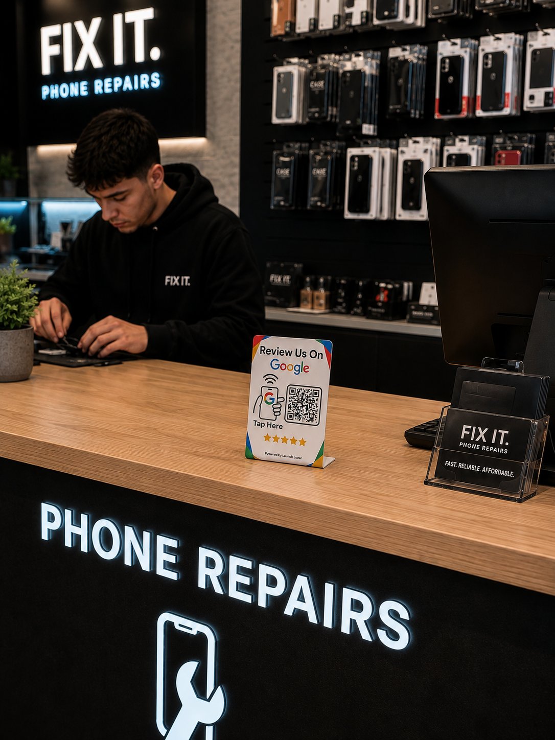 Review stand on a phone repair shop counter